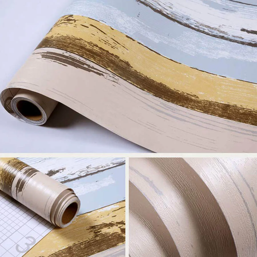 blue yellow wood Обои для спальни ПВХ самоклеющиеся обои водонепроницаемая лента наклейка Средиземноморский деревянный полосатый стикер для стен для гостиной - Цвет: blue yellow wood