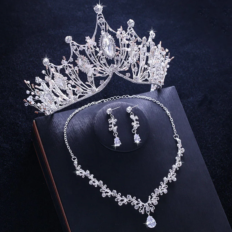 Tiara Necklace Pin Роскошные женские свадебные ювелирные комплекты для невест, корона, ожерелье, Набор Тиара, аксессуары для невесты, свадебные серьги с кубическим цирконием и кристаллами - Окраска металла: Tiara Necklace Pin