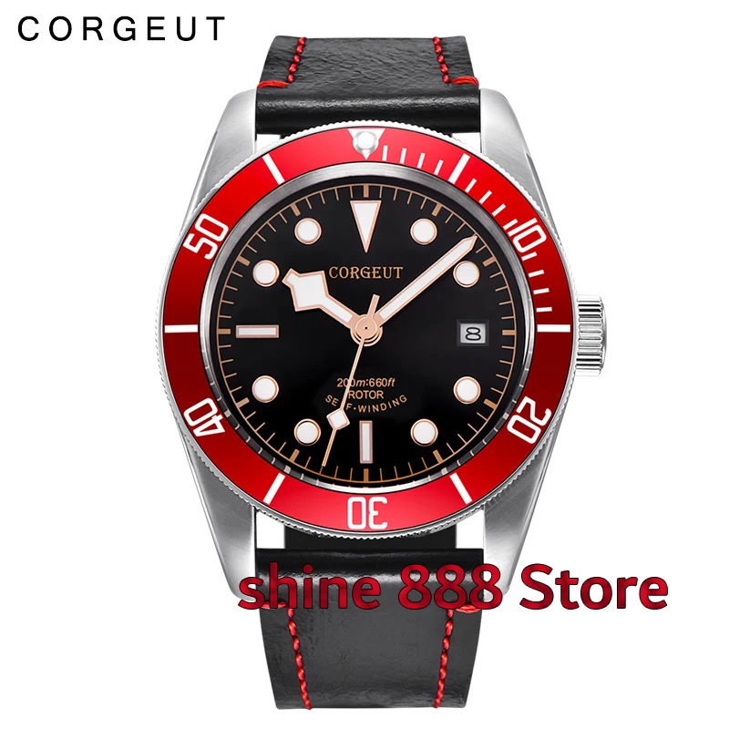 Часы мужские с красной рамкой и черным циферблатом 41 мм|Мужские механические