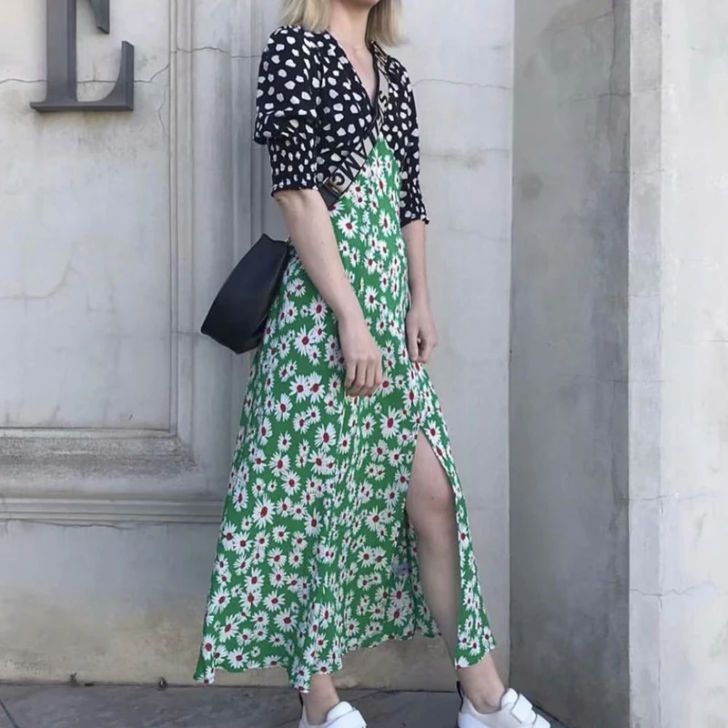 Летнее женское платье 2019 Ретро пляжное с принтом Тонкое v образным вырезом