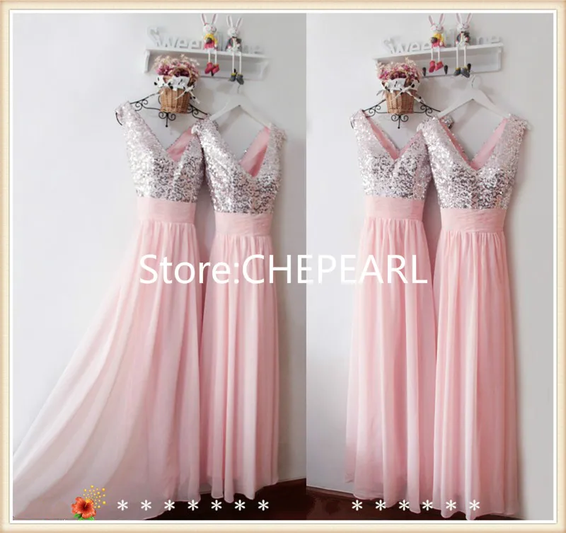 Выполненное на заказ блестящее длинное Розовое Шифоновое платье подружки