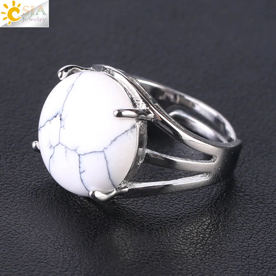 White Turquoise CSJA уникальное кольцо для женщин, натуральный камень, круглые бусины, повседневные кольца на палец, Фиолетовый Кристалл, кварц, серебряный цвет, вечерние ювелирные изделия F476 - Цвет основного камня: White Turquoise