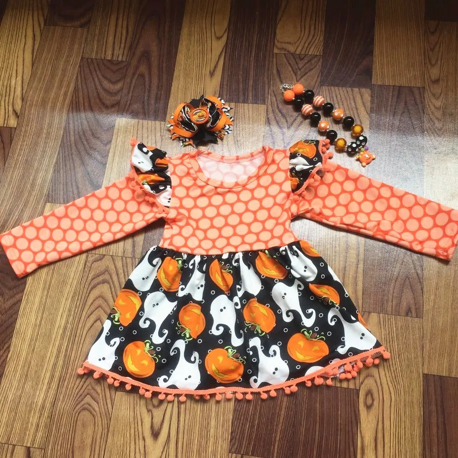 High quality beautiful children top wholesale girls Halloween dress with matching bow and necklace kids halloween outfits sets | Детская