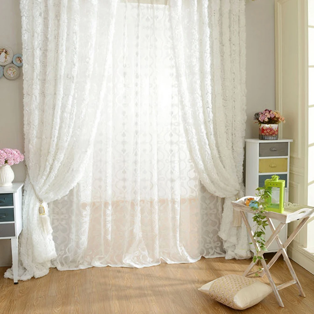 Pastoral Korean Creative White Lace 3D Rose Curtains Voile Custom Window Screens For Marriage Living Room Bedroom