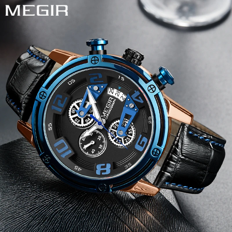 MEGIR спортивные мужские часы кварцевые хронограф кожа многофункциональные