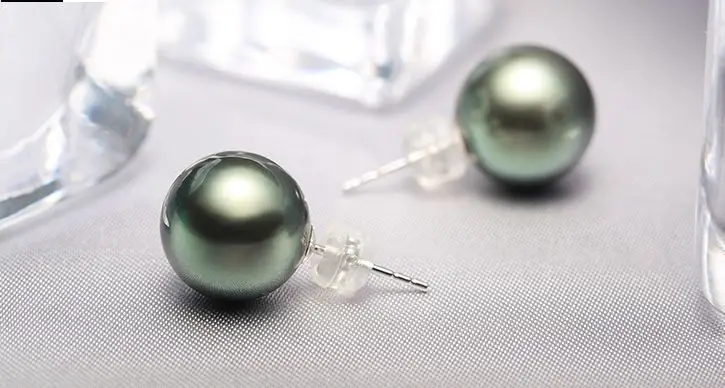 free shipping stunning AAA++ 10-11mm Tahitian black green round pearl earring 14k | Украшения и аксессуары