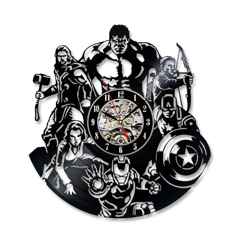 Виниловые часы в форме Мстителей креативные полые Marvel Comics светодиодный настенные часы Железный человек и Капитан Америка и Тор Подвесные часы