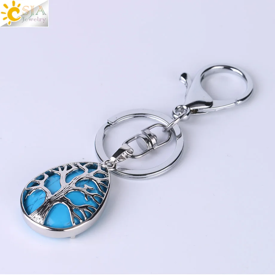 Blue Turquoise CSJA модные капли воды брелки для ключей брелок для ключей рейки натуральный драгоценный камень Дерево жизни кулон для автомобиля мотоцикл сумка F400 - Цвет: Blue Turquoise