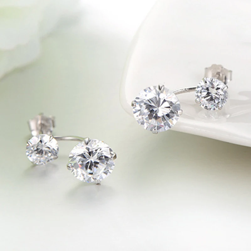 925 Sterling Silver Double Sided AAA Cubic Zirconia Earrings Studs Jewelry for Women (E27-1) | Украшения и аксессуары