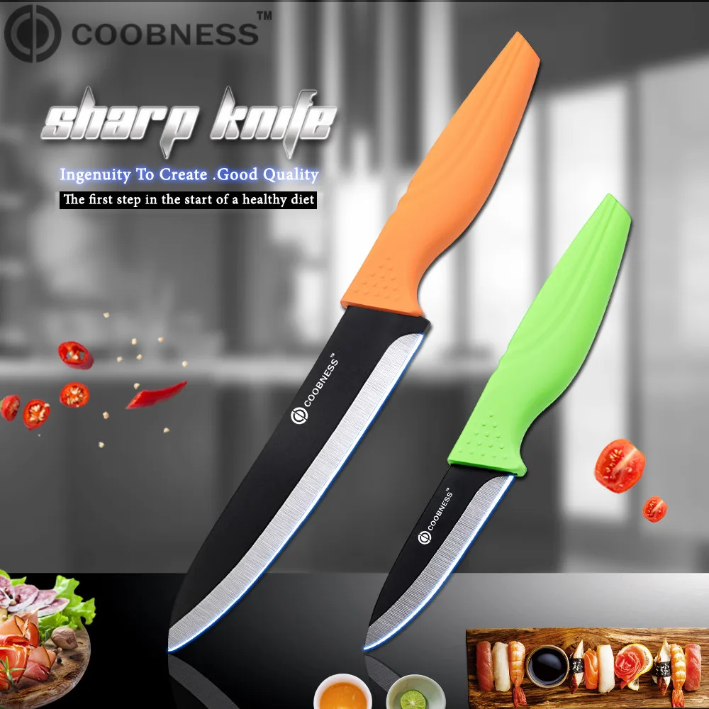 Кухонные ножи от бренда COOBNESS, 2 шт, керамический нож, разноцветная ручка, черное лезвие, нож для очистки фруктов, нож для нарезки, инструмент для приготовления пищи - Цвет: 3 inch 6 inch
