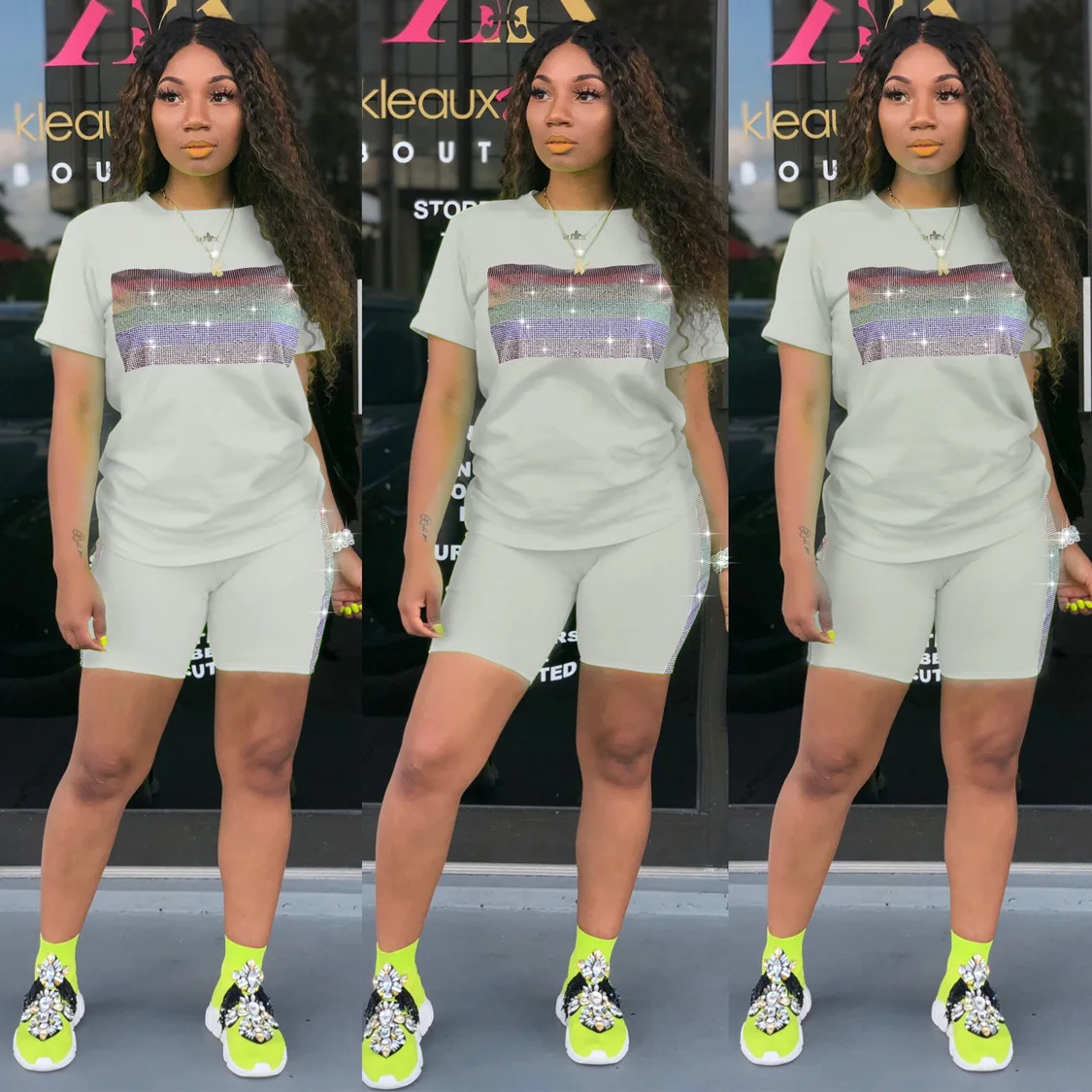 Rainbow Rhinestone Two Piece Summer Clothes for Women Short Sleeve T Shirt+ Bodycon Biker Shorts Plus Size Causal Matching Sets