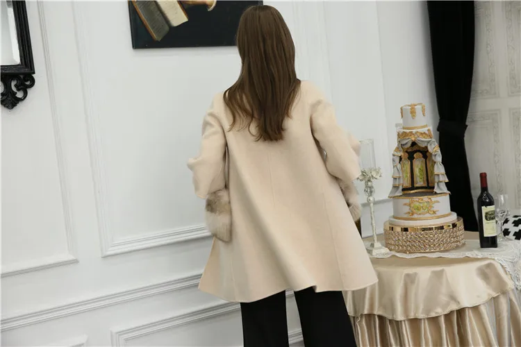 OFTBUY, шерстяная смесь,, зимняя куртка для женщин, натуральный мех, пальто для девушек, двусторонняя шерсть, кашемир, натуральный Лисий мех, с карманами, шерстяное пальто