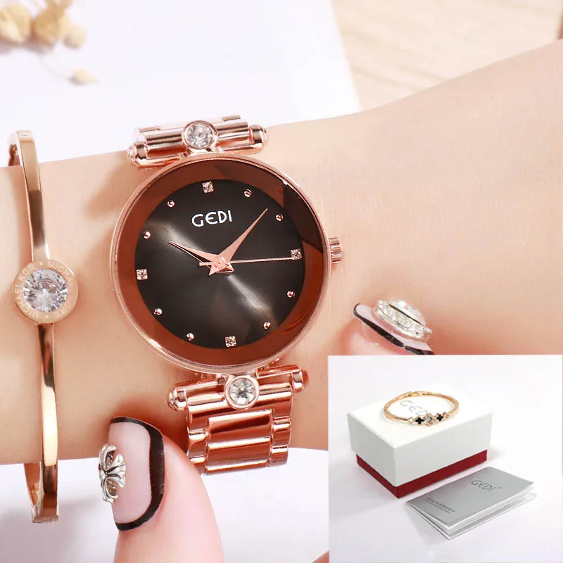 Brown box GEDI Rosegold Quartz Women's Watches Top Brand Luxury Ladies Clock Fashion Women Watch Simple Female Wristwatch reloj mujer New - Цвет: Brown box