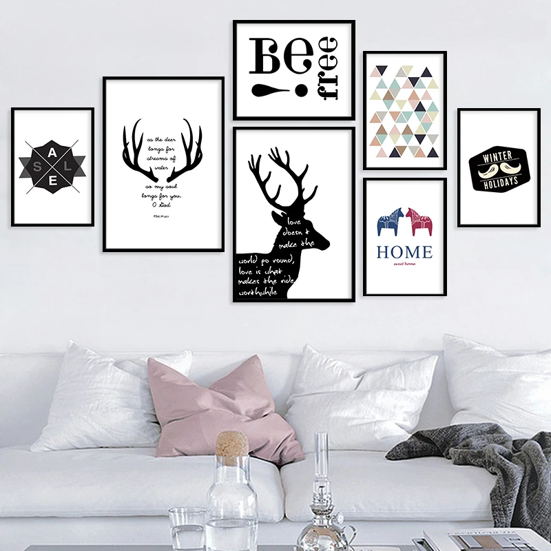 Минималистичные Животные Олень кавычки холст живопись Черно белый плакат печать