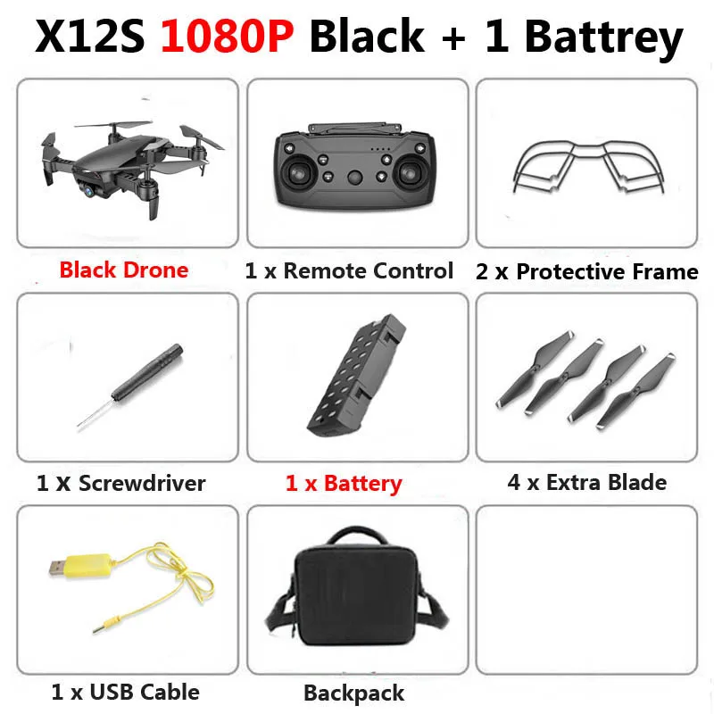 1080P Black 1B Bag X12S мини складной Дрон с камерой 4K 1080P широкоугольный WiFi FPV удерживающий высоту RC Квадрокоптер Вертолет игрушка SG106 E58 - Цвет: 1080P Black 1B Bag