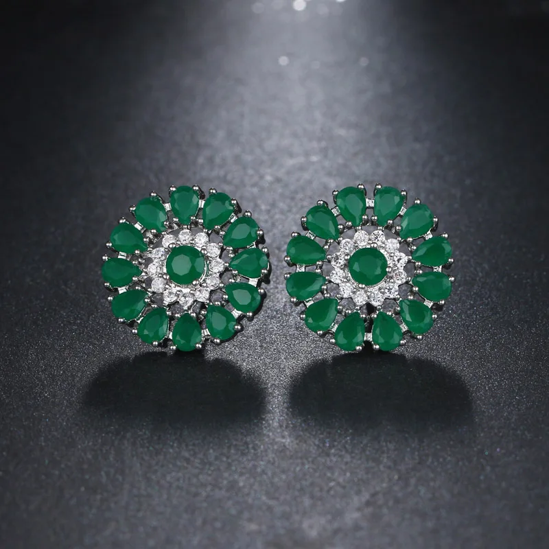Green JY Роскошные серьги-гвоздики с зеленым, синим, белым цветком, кубическим цирконием AAA для женщин, Свадебные вечерние ювелирные изделия, серьги AE475 - Окраска металла: Green