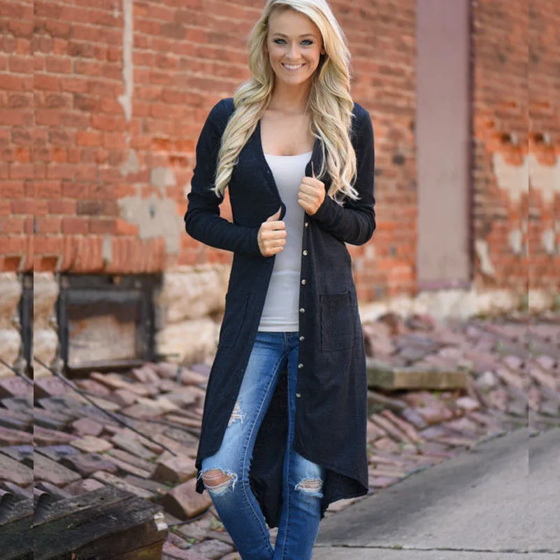 Женский длинный вязаный кардиган свитер с длинным рукавом в европейском и