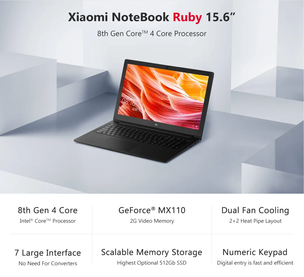 Ноутбук Xiaomi Ruby 15,6 дюймов MX110 8th Intel Core I5/I7 8 Гб DDR4 Windows 10 компьютер с подсветкой клавиатуры Notbook