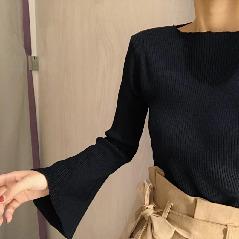 

Pullovers Women Knitting Full Solid O-Neck Flare Sleeve Womens Slim All-match Elegant Tops Simple Korean Style Pullover Trendy