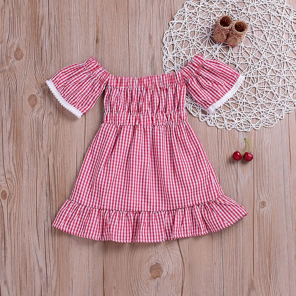 Одежда для маленьких девочек с открытыми плечами платье принтом в клетку