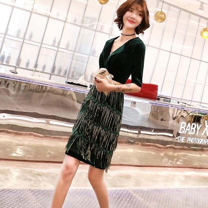 Платье с пайетками Ленточки Короткие коктейльные платья Vestido De Soiree V образным вырезом с коротким рукавом темно-зеленое вечернее платье для выпускного, коктейльной вечеринки платье TS1130
