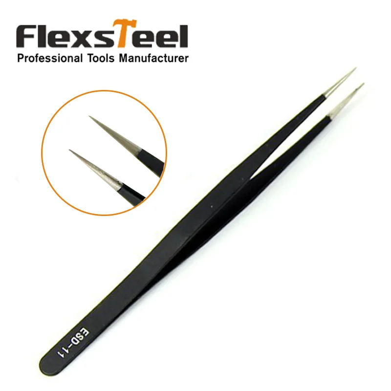 Flexsteel 6 шт./компл. Пинцет ESD немагнитные пинцеты антистатические тонкий Изогнутый наконечник черный коробка с инструментами, инструменты для обслуживания серого цвета для ювелирных изделий