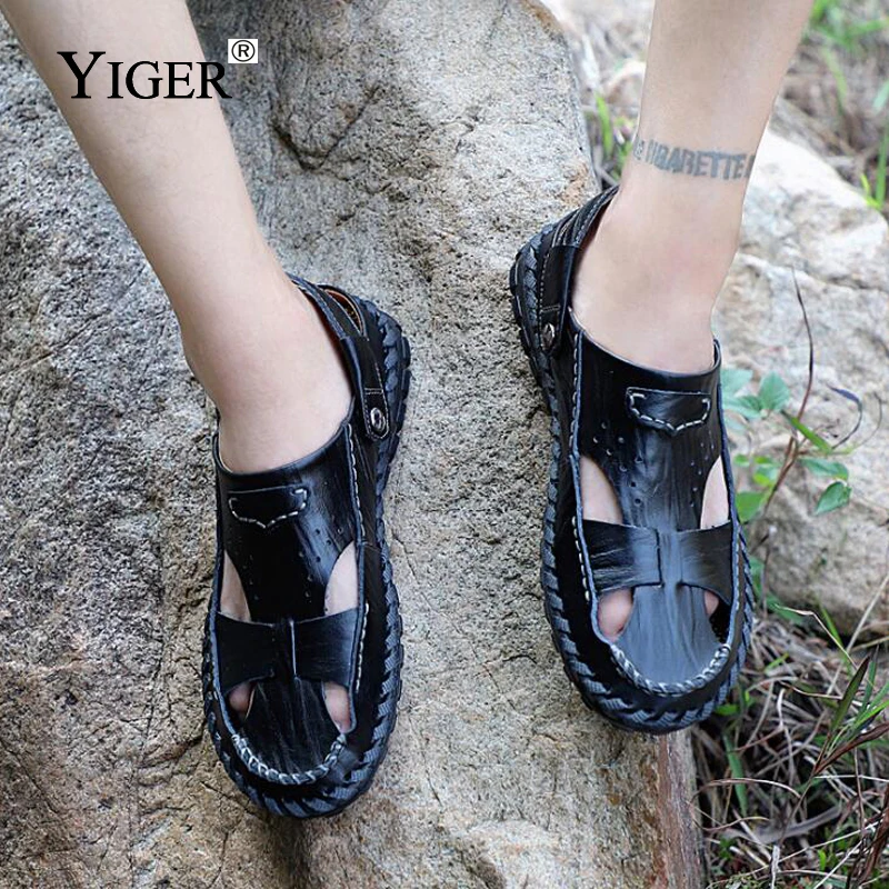YIGER/Новые мужские сандалии из натуральной кожи для отдыха большие размеры