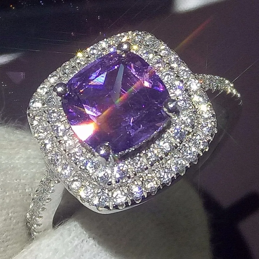 

Drop Shipping Lovers Ring for Women Luxury Jewelry 925 Sterling Silver Cushion Shape Purple 5A Zirconia Women Wedding Band Ring