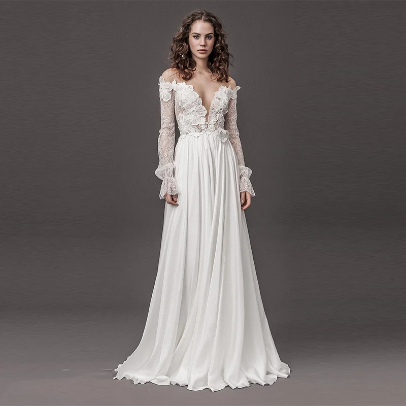 

Verngo A-line Wedding Dress Appliques Lace Wedding Gowns Elegant V-back Bride Dress V-neckline Boho Wedding Dress Beach Wedding