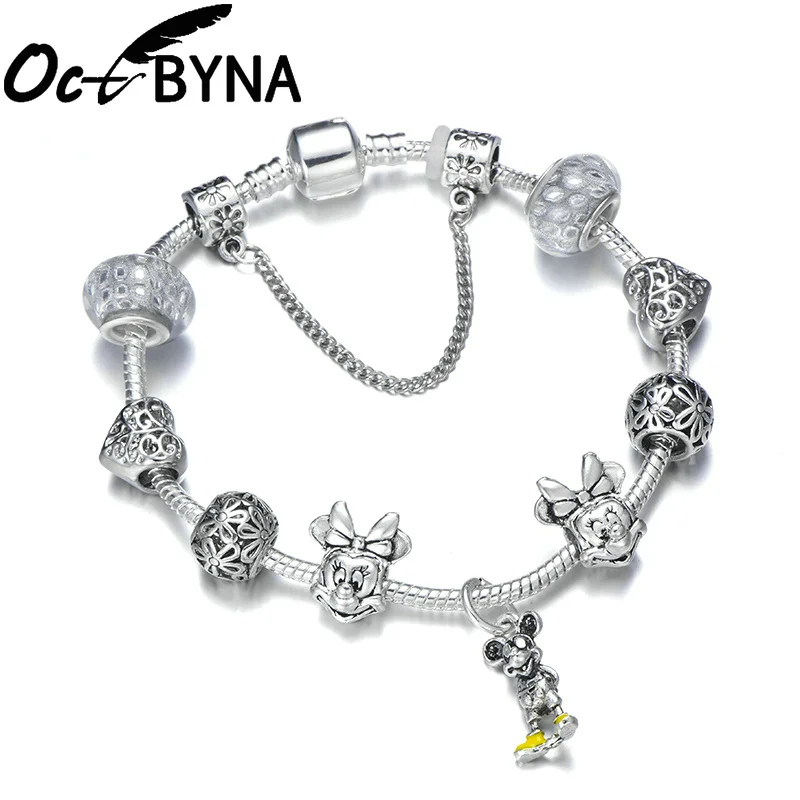 13 OCTBYNA Горячая мультфильм Микки Минни розовый шарм браслеты для женщин малыш муранские бусины прекрасный бренд браслеты и браслеты ювелирные изделия - Окраска металла: 13