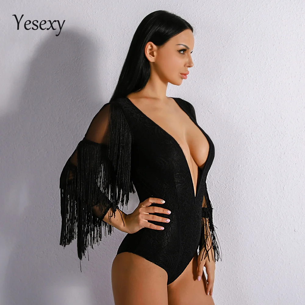 Yesexy, летний сексуальный глубокий v-образный вырез, Одноцветный женский боди с кисточками, комбинезон с длинным рукавом, комбинезоны VR8917