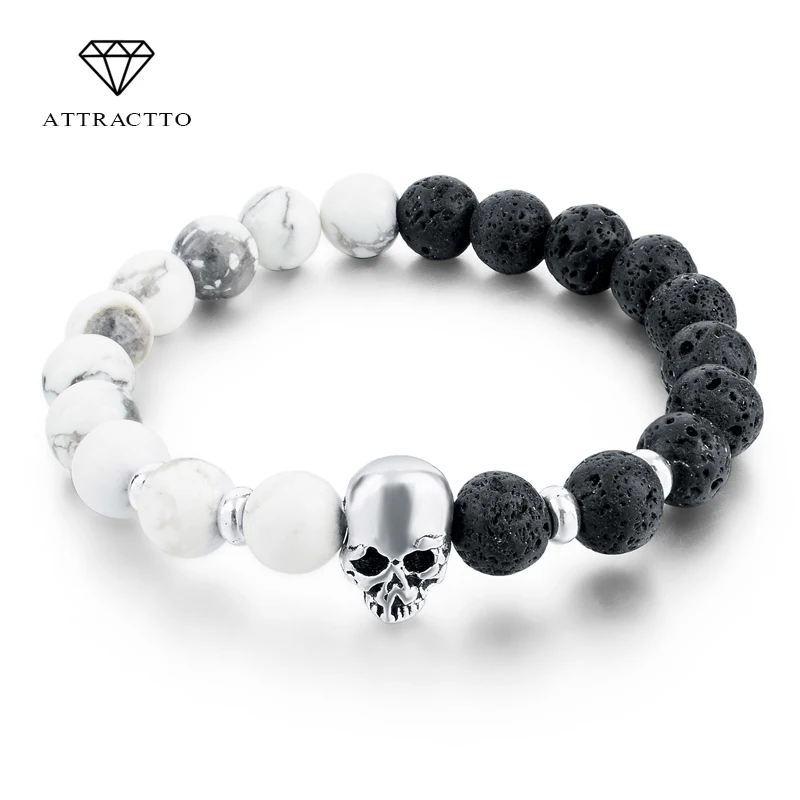 Attrattto Новый Череп из природного камня браслеты для женщин Lava Beads эластичный
