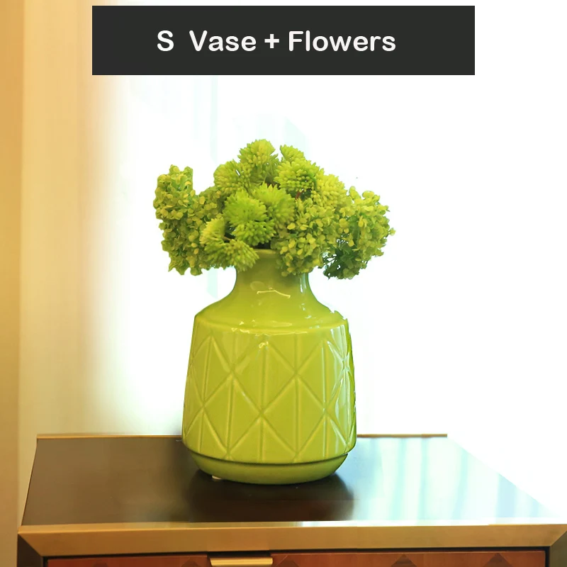 green S With flowers Современный желтый зеленый керамический Вазы Свадебные вазы для украшения стола цветочные вазы для украшение для дома ремесла ваза с цветами - Цвет: green S With flowers