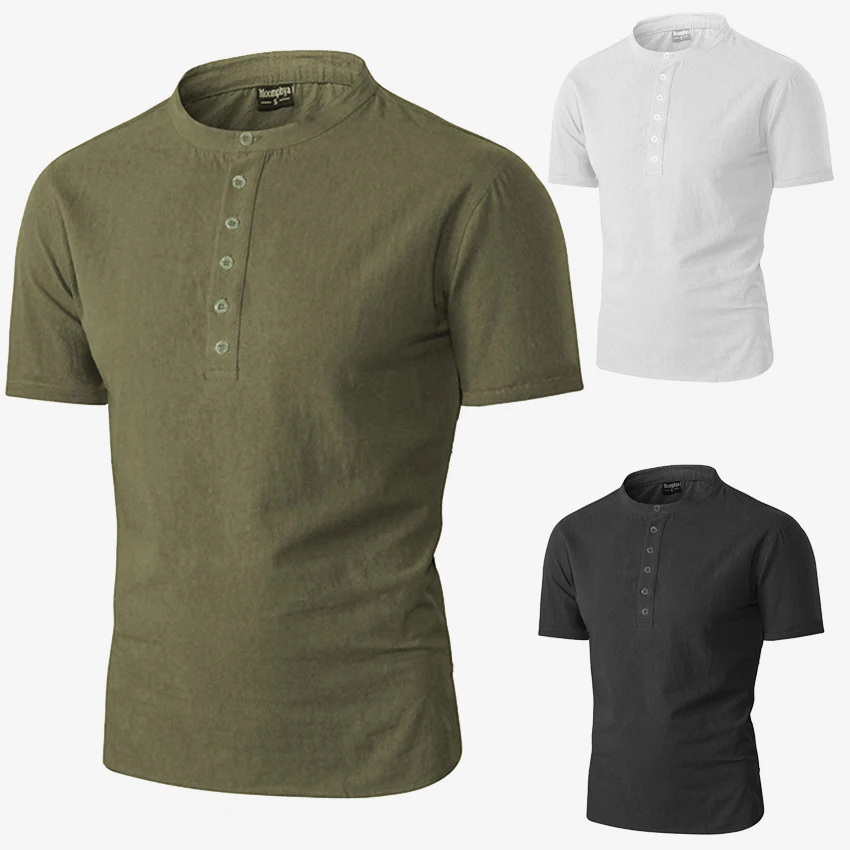 Рубашка мужская приталенная с коротким рукавом хлопок и лен повседневная