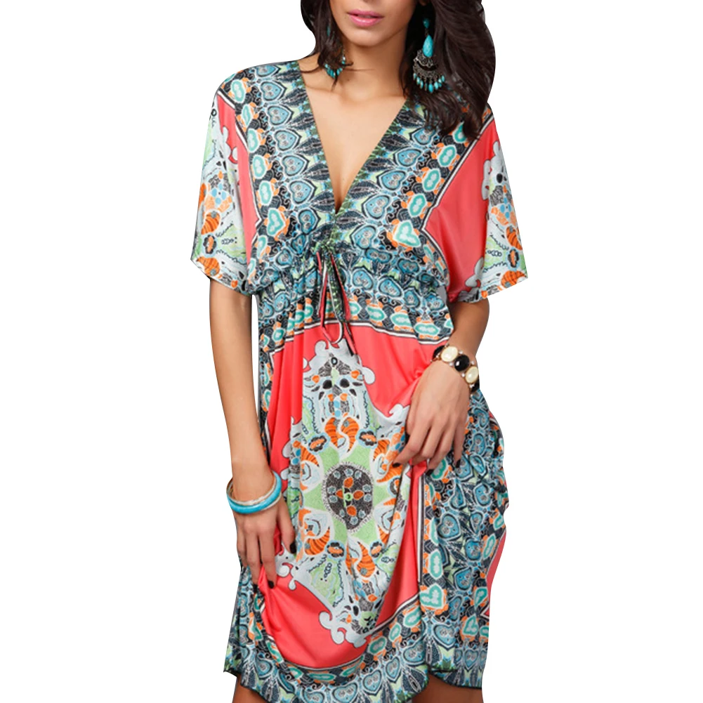 Летнее праздничное пляжное женское платье этнический цветочный принт глубокий v