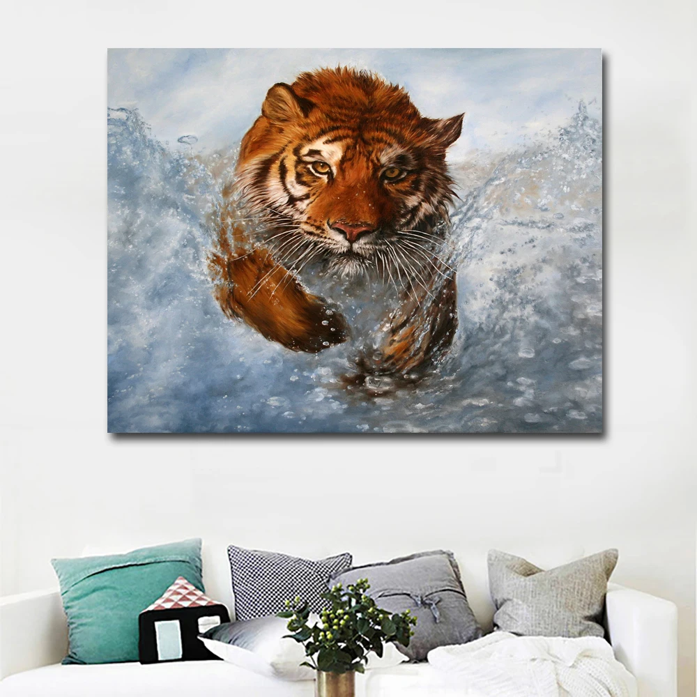 HD живопись с тигром бегущая в воде настенная Художественная печать картины на