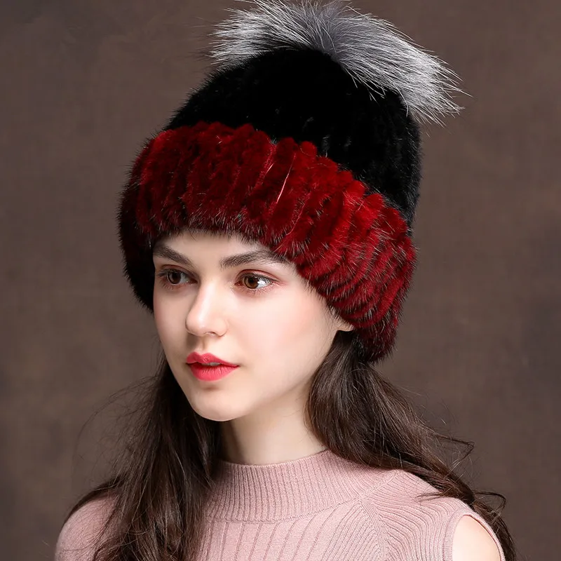 

2018 Women's Natural Mink Fur Hat Winter Hats for Women Streetwear Knitted Bonnet Large Fox Fur Pompom Hat Czapka Zimowa MY823