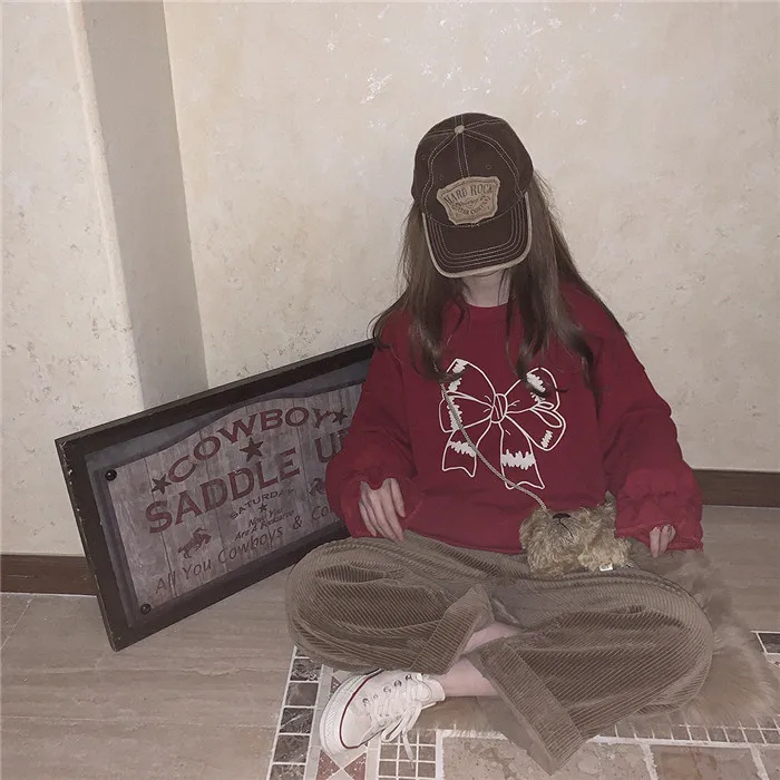 Милые красные женские толстовки 90s одежда японская Лолита Kawaii негабаритных пуловер для девочек-подростков милый Графический Рождественский Свитшот