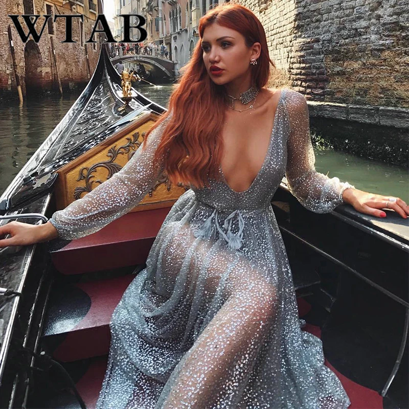 WTAB 2018 Новое сексуальное платье с глубоким v образным вырезом женское длинным