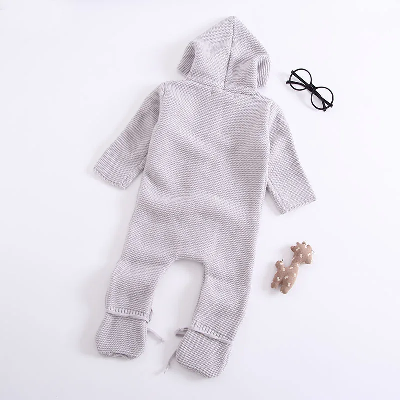 Autumn Winter Kids Knitted Romper Hoodie Solid Gray Colour Toddler Baby Girls Boys Jumpsuit Boutique Infant Costume | Мать и ребенок