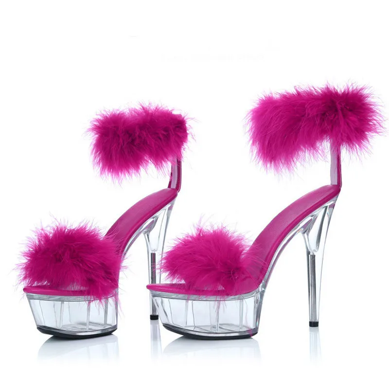 Летние модные женские босоножки с кроличьим мехом на платформе и высоком тонком