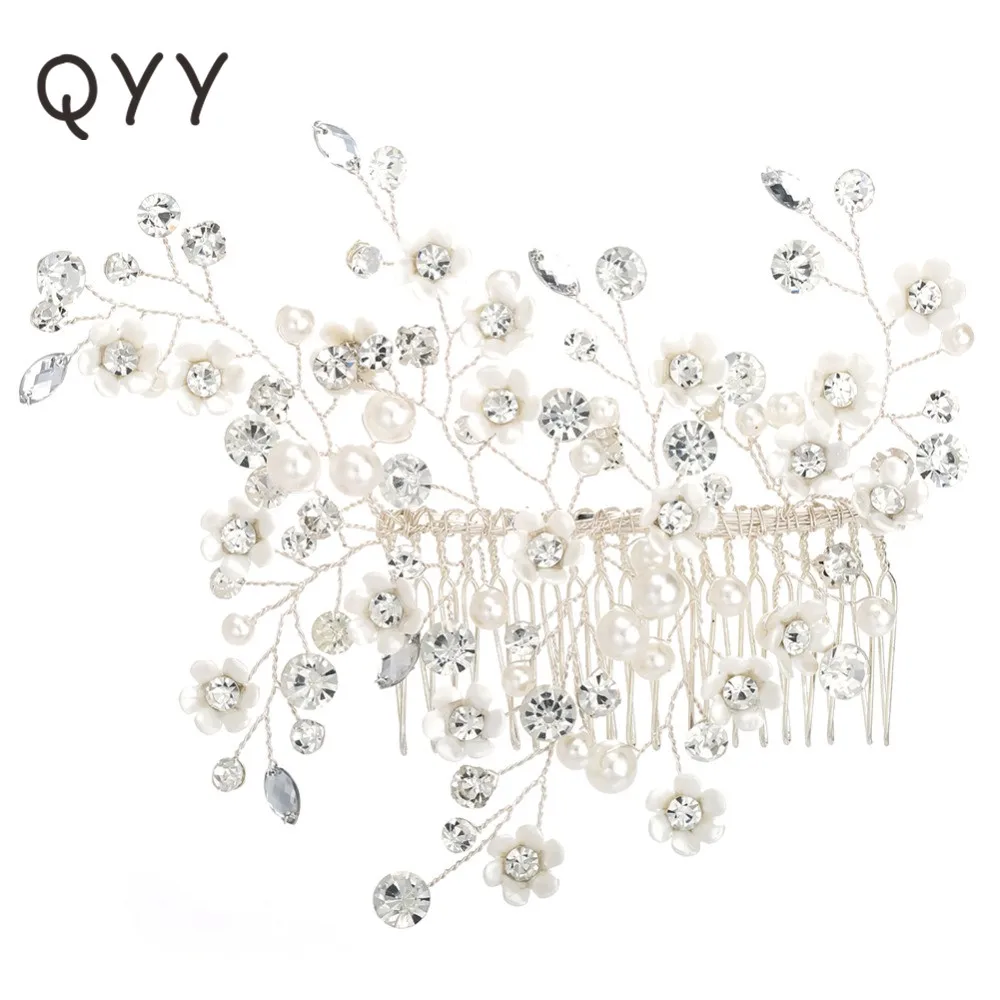 Fashion White Small Flowers Crystal Pearls Bridal Hair Combs Clips Wedding Ornaments Jewelry for Bride | Украшения и аксессуары