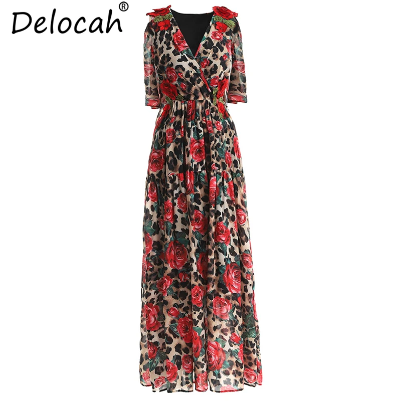 

Delocah Runway Fashion Summer Plus Size Long Dress Women's Sexy V Neck Leopard Printed Appliques Elegant Vintage Vacation Dress