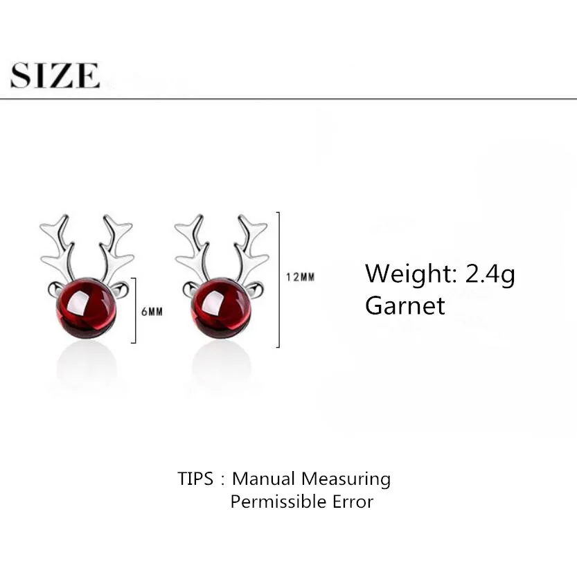 

New Sweet Elk Antlers Deer Red Garnet Earrings For Women Trend Creative 925 Sterling Silver Christmas Jewelry Oorbellen SAE196