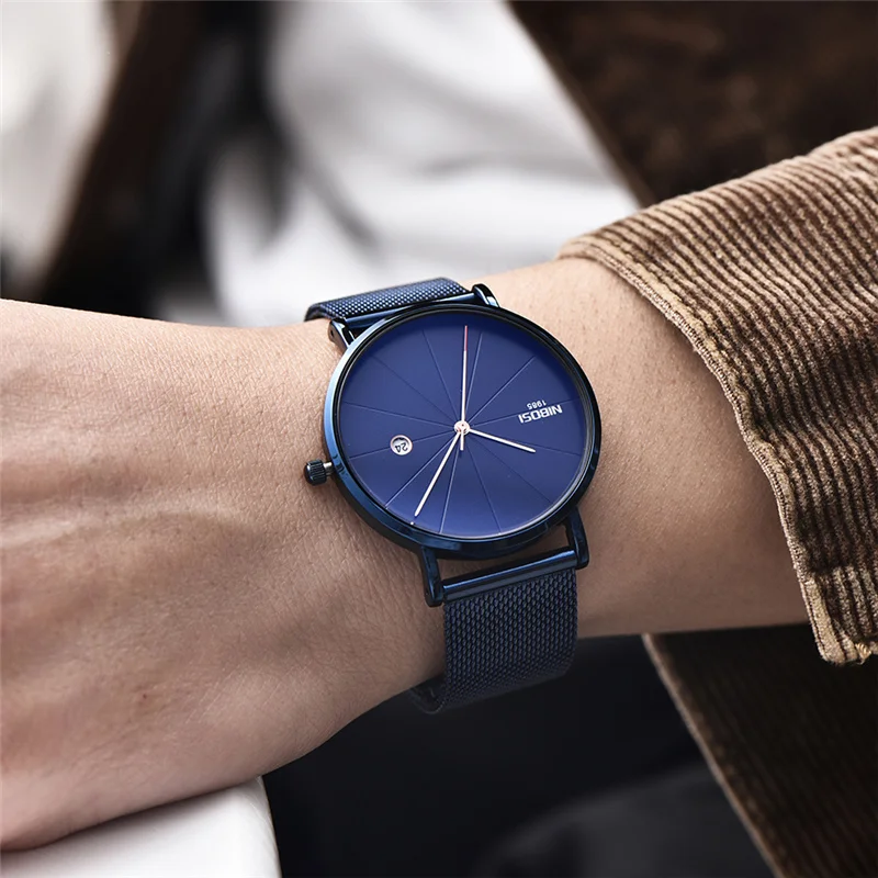 NIBOSI роскошные часы мужские ультратонкие простые из нержавеющей стали