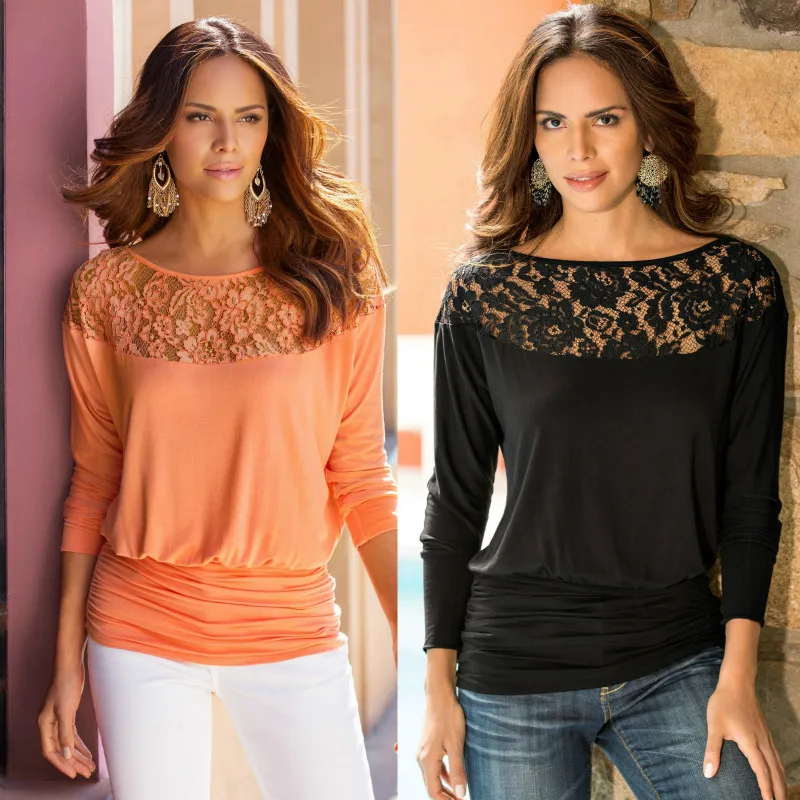 2018 Sexy Summer Women Lace Stitching Chiffon Blouses Loose Type Slash Neck Shirts Solid Color Three Quarter Sleeve |