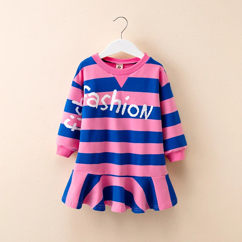 Детское платье с длинными рукавами для девочек на весну-осень модное в полоску