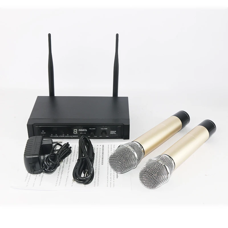 Звуковой эффект регулировки! Расстояние 50 м! Двухсторонний цифровой UHF беспроводной микрофон с 2 золотыми металлическими ручками для KTV Talk show