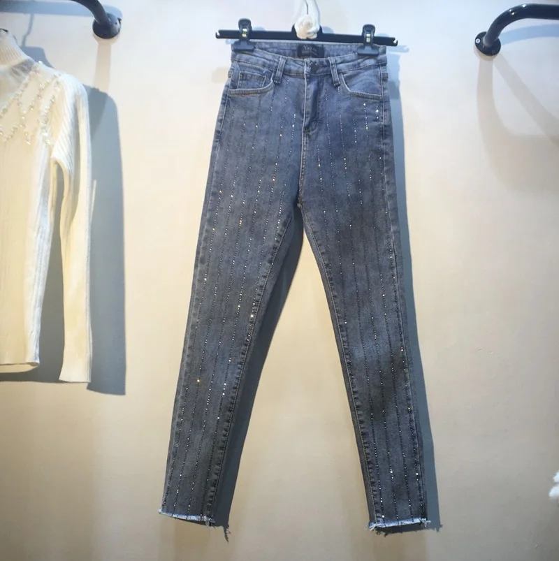 

Spring Autumn New Heavy Vertical Hot-drilled High Waist Skinny Nine-cent Jeans Women's Black Denim Pants Students Jeans Trousers