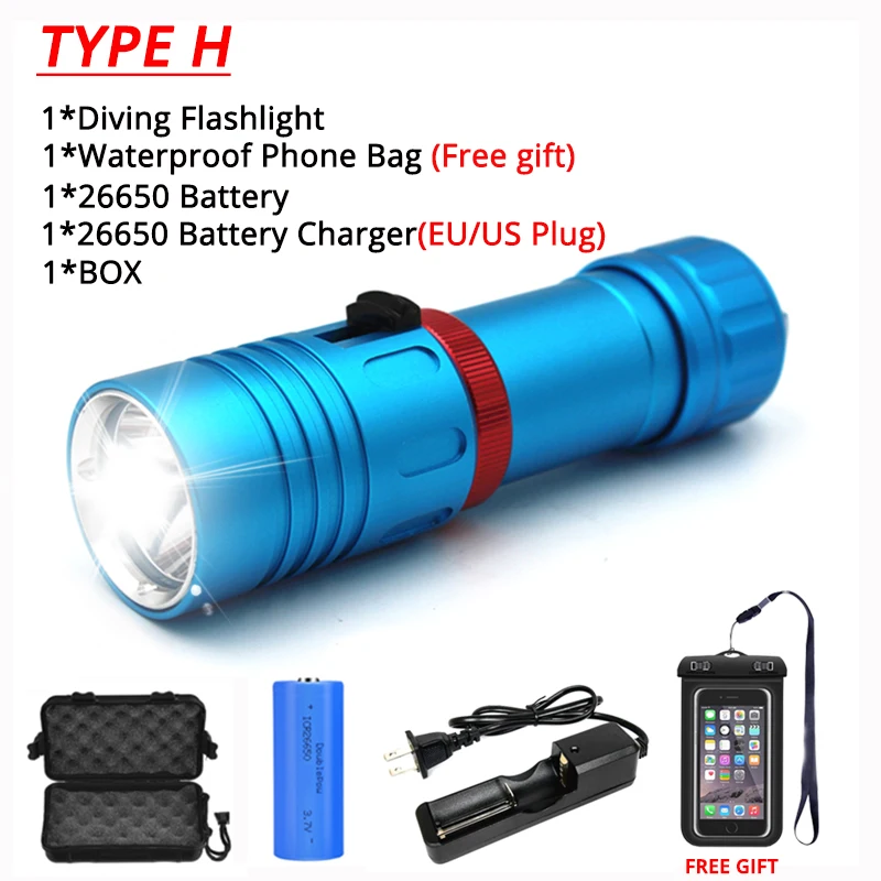 Pocketman XM-L2 фонарик для дайвинга светодиодный фонарик для подводного плавания 200 м светодиодный мощный фонарь для дайвинга 18650 или 26650 - Испускаемый цвет: H